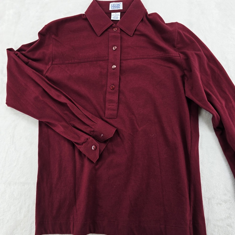 Leon Levin Polo Shirt Womens S Long Sleeve Burgundy Maroon Cotton Blend Preppy